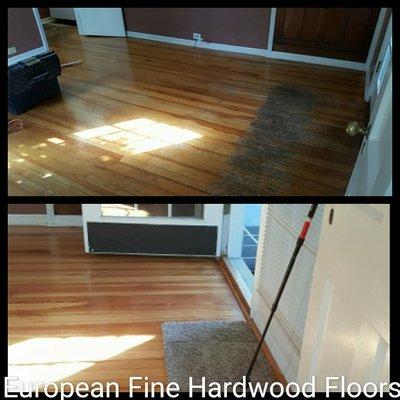 Before and After pics. of the Pine Hardwood Floors that we Refinished. This is the original floors that was installed in 1924.