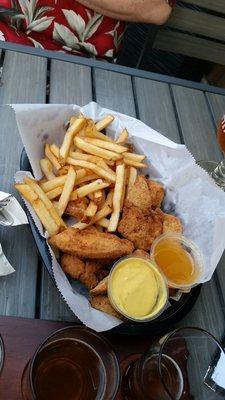 Chicken fingers + fries with honey mustard and sweet/sour sauce