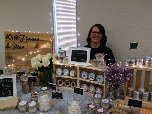 Ashley, owner, with a great offering of soy candles and teas. She also does special  orders, and has an Etsy shop.