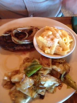 Ground steak/ Mac & cheese & cabbage