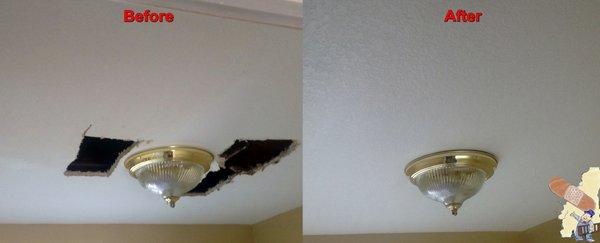 A before and after repair done by Mr Patch Drywall LLC