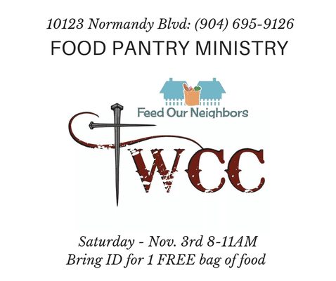 The first Saturday of each month is the food distribution - food pantry ministry to our community. 1 FREE bag of food is given with a ID.