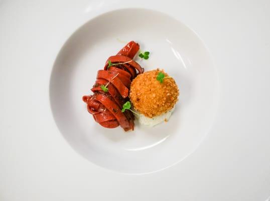 Tagiatelle of beet, goat cheese croquette, caraway brown butter