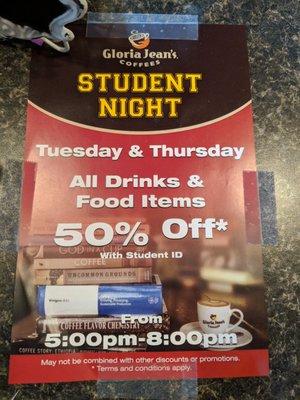 Tuesday & Thursday are student discount nights