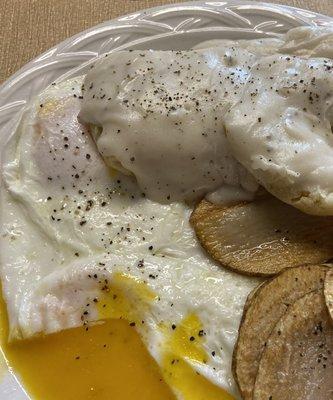 Perfect over easy eggs, home fries and biscuits & gravy