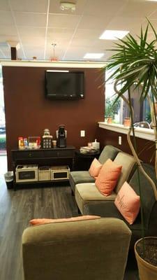 Clients waiting area with free coffee and tea.