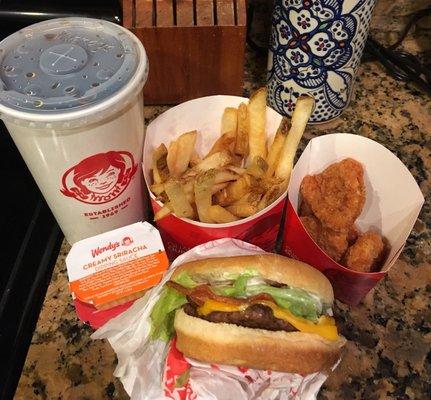 4 for $4 Deal: Jr. Bacon Cheeseburger with fries, 4 piece nuggets and a drink