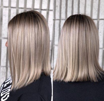 Angled lob with ashy blonde highlights