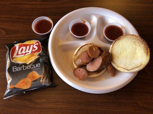 4/10/19. Wednesday afternoon. $3.99+tax Hot Link Sandwich served on a buttery toasted bun with a side of potato chips (plain or bbq!).