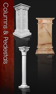 Molded Marble Column, Alpine Pedestal, and Molded Marble Column.