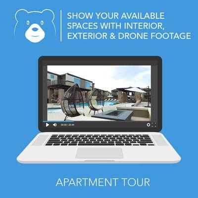 Show your available spaces with interior, exterior, and drone footage. This is a shot from an apartment tour we produced for Mark-Taylor.