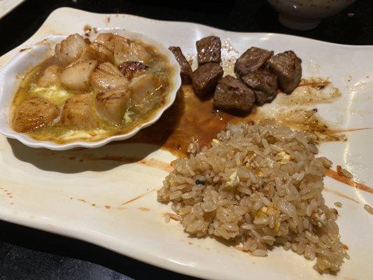 Scallops, steak, fried rice (what's left of it all)