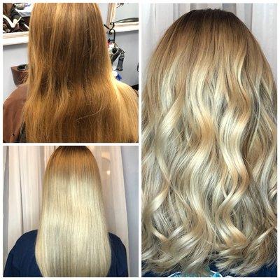 Gorgeous transformation from dark blonde to light blonde with a shadow root.