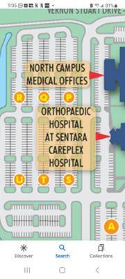 Sentara Hospital Complex map showing patients how to find the North Campus Building when you leave the Main Building.