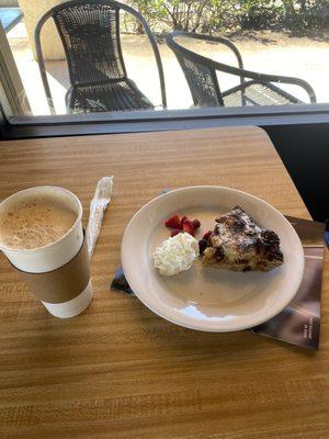 Bread pudding and caramel latte.