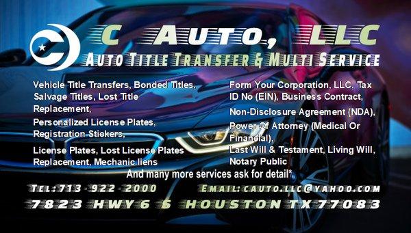 Auto Title Transfer, Registration sticker, Bonded Titles, Salvage title ETC.