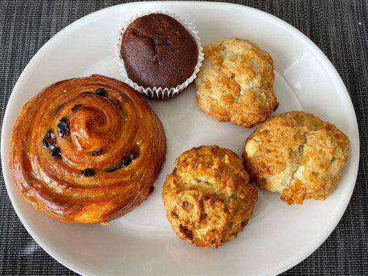 Raisin danish, muffin and ginger scones