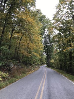 Road leading to high rock, trying to get leaves changing.