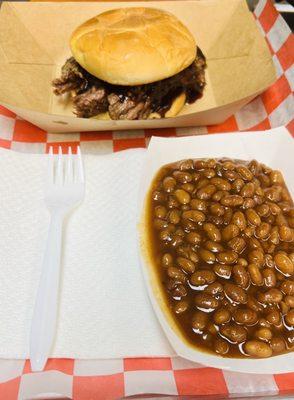 Brisket sandwich and baked beans