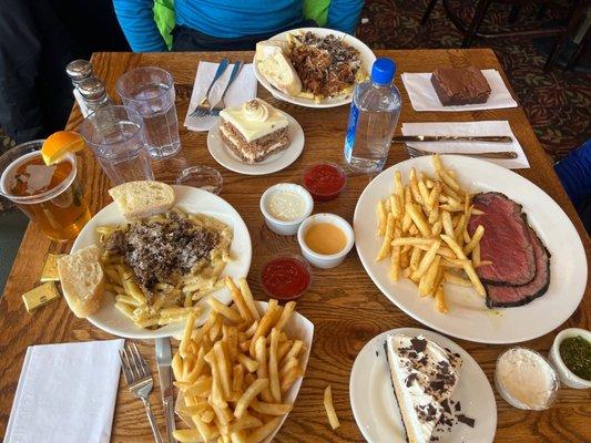 Mac n cheese, peanut butter pie, steak