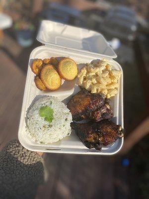 Cilantro lime rice, jerk chicken wings, Mac salad