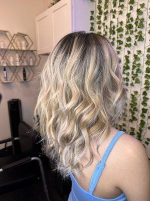 Full blonding balayage with gloss and blowout style