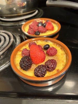 I added the fruits, pretty good for Target brand $6.29 for 2 creme brulees in terra cotta ramekins.