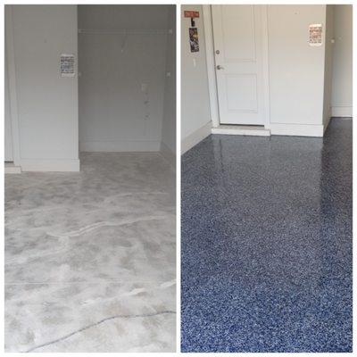 Before and after Garage Industrial Flake Flooring.