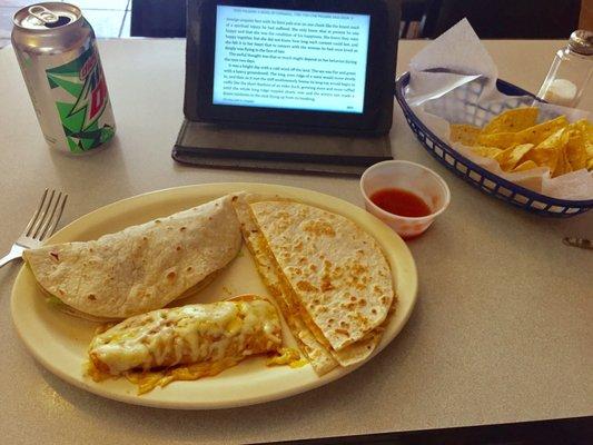 Car taco, beef enchilada and a chicken quesadilla