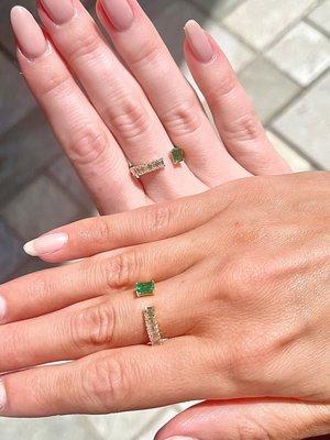 Yellow gold Emerald and diamond friendship rings.