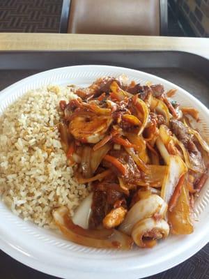 Mongolian beef, chicken, and shrimp. $10