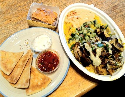 Chicken Shawarma, Pita Bread,  and Baklava