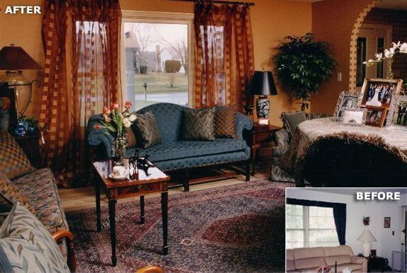 Adding warm colors to the walls and drapery transformed this boring living room. Note the Before picture...