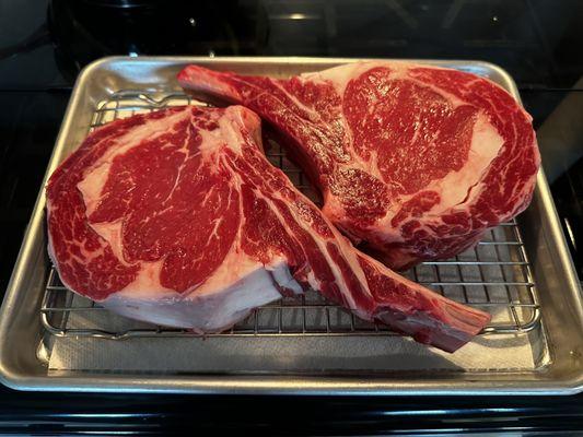 Two extra-thick 28 oz cowboy ribeye steaks!