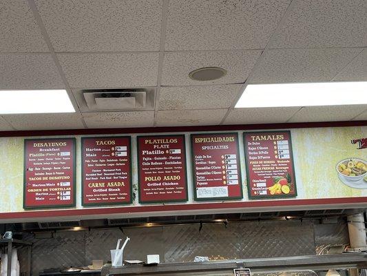 Menu board for In-store Taqueria.  Select from menu and pay cashier before telling server your choices.