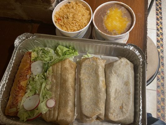 Panchos Combo with chimicanga and 3 mini-burritos with rice and beans. Delicious!