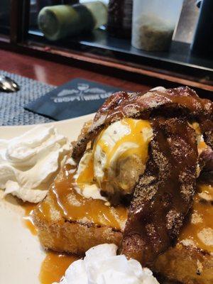 French toast with bourbon ice cream and candies bacon