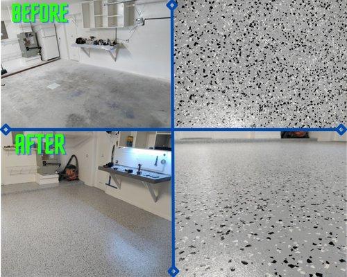 Here is a before and after picture of an epoxy flake coating in a garage we just finished. Call for more questions!