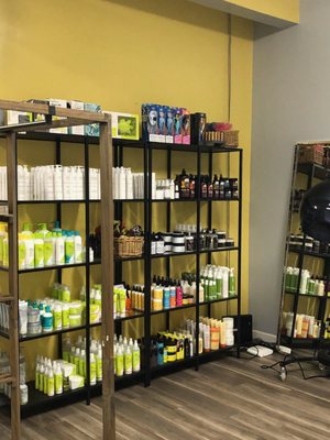 Products available for sale inside the salon.