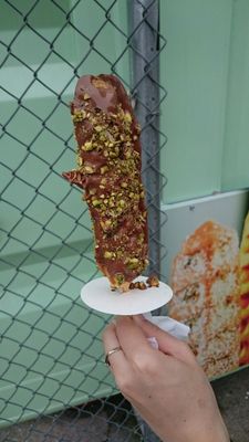 Chocolate and pistachio covered waffle