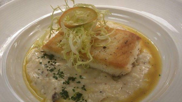 halibut on polenta with fish fume