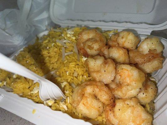 Jumbo lemon pepper shrimp, yellow rice, bean sprouts and egg. Tasty