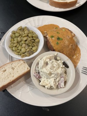 Flounder with crab cake, Lima beans, potato salad.