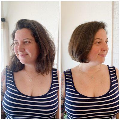 Before and after bob haircut by Laura Dee- text (714)906-0079 to book