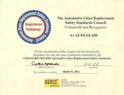 Automotive Replacement Safety Standards Council Certification