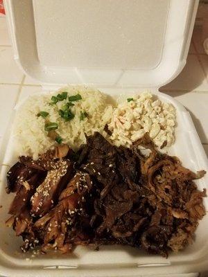 Hawaiian plate with chicken, beef and pork