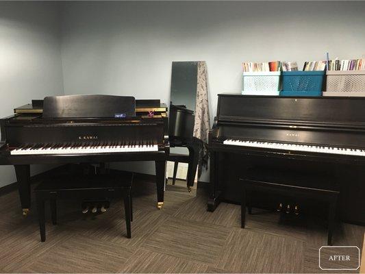 "After" shot: The pianos are arranged better for instruction and the mirror is placed so students can see how they perform.