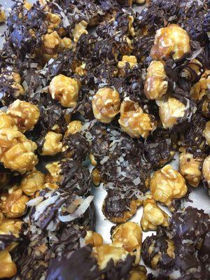 German Chocolate Caramel is here! Dark chocolate and toasted coconut over homemade caramel corn