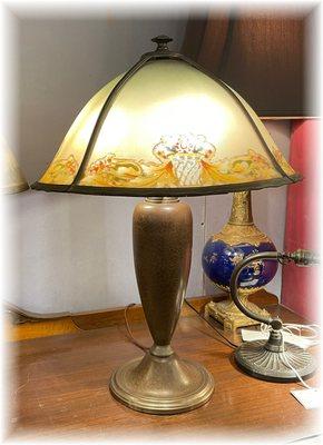 c. 1920 Bradley & Hubbard table lamp with original frosted reeded reverse painted shade