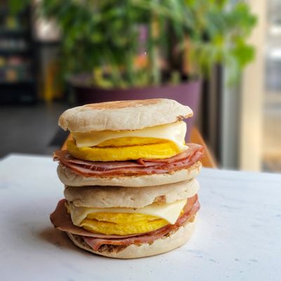 Double Ham, Egg, and Cheddar Cheese on English Muffins